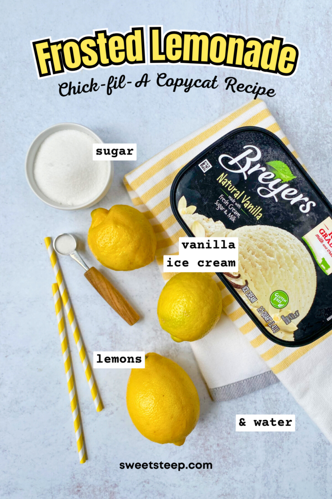Ingredients needed to make Chick-fil-A copycat frosted lemonade, including a bowl of sugar, lemons and carton of vanilla ice cream.