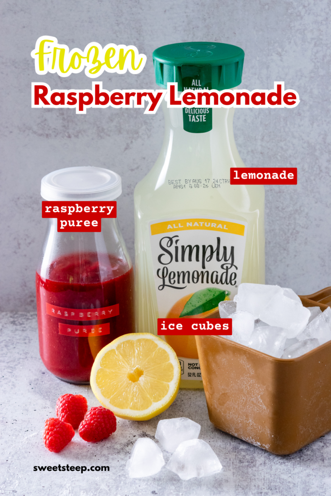 Ingredients needed to make a frozen raspberry lemonade slushie at home, including a bottle of homemade raspberry puree, bottle of Simply Lemonade and scoop full of ice cubes.
