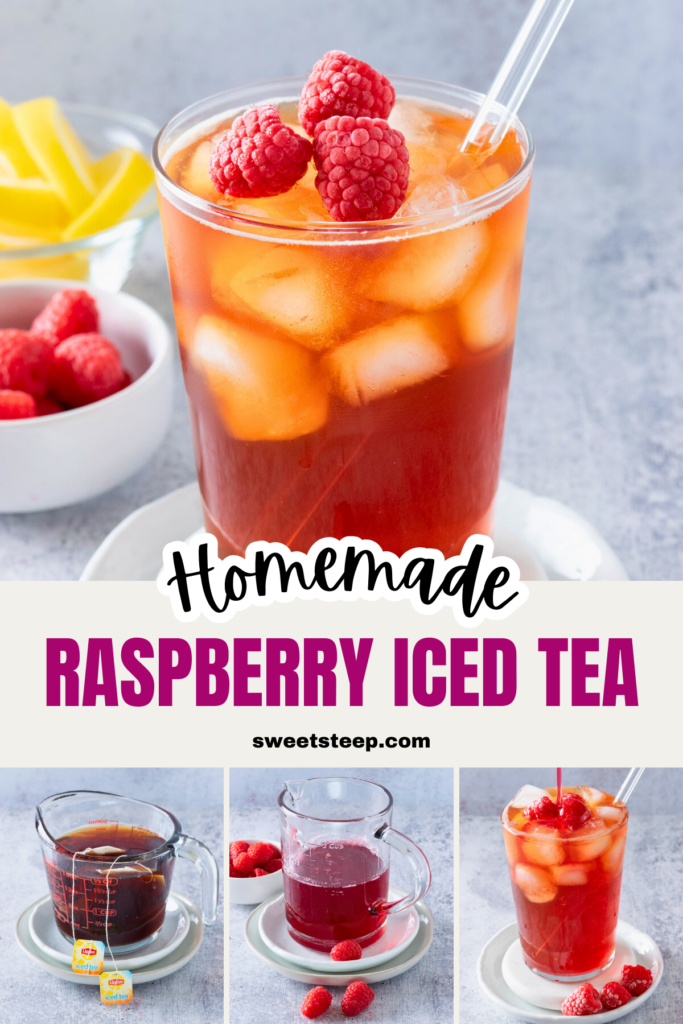 Pinterest pin for homemade raspberry iced tea recipe.