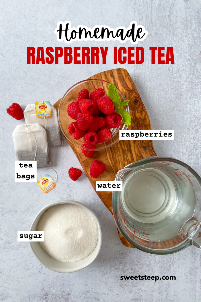 Overhead picture show ingredients for the raspberry iced tea recipe, including tea bags, carton of raspberries, sugar and water.