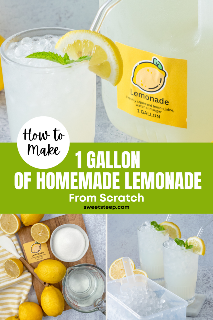 Pinterest pin for homemade lemonade recipe by the gallon.