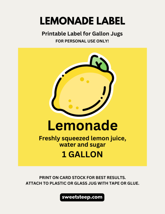 Picture showing the 1 Gallon Lemonade label that you can download and place on gallon containers full of lemonade.