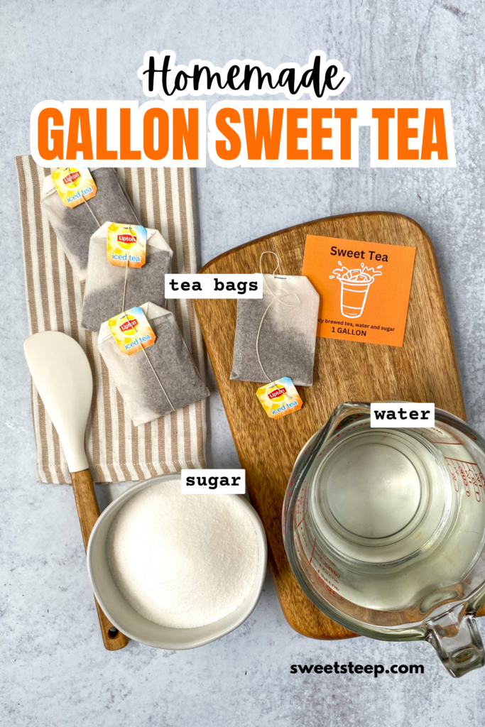 Overhead picture showing the three ingredients needed to make sweet tea by the gallon, including family size tea bags, granulated sugar and water.