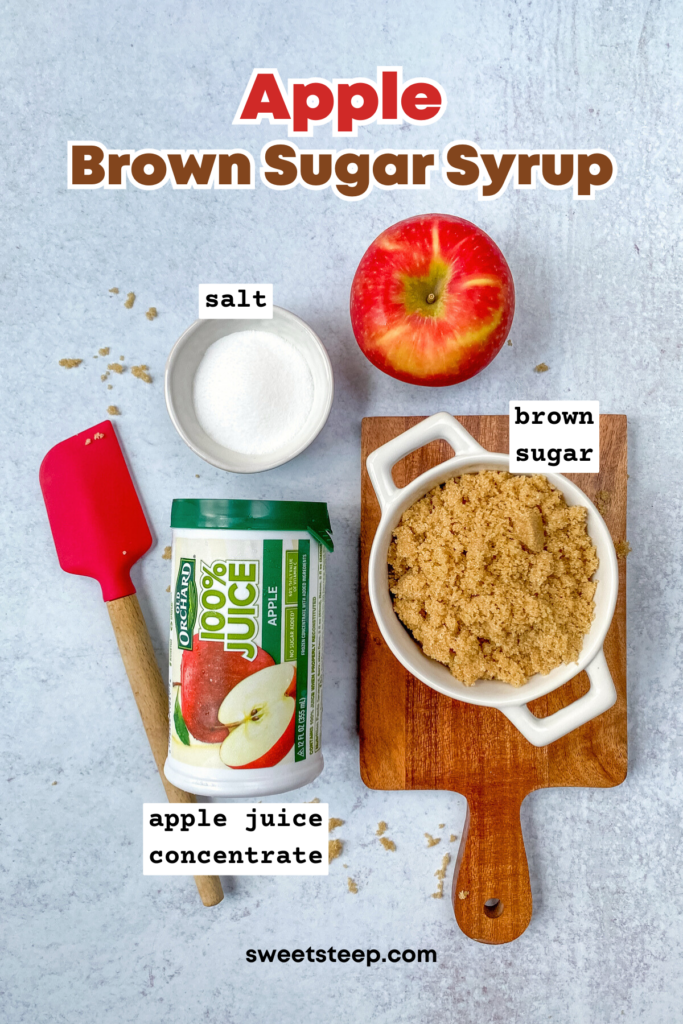 Overhead photo showing all the ingredients needed to make this recipe, including frozen apple juice concentrate, salt, and bowl of brown sugar.