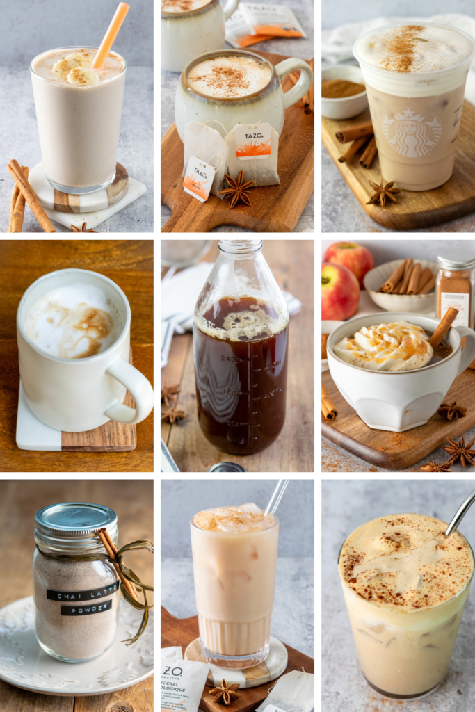 Nine grid picture showing photos of nine different homemade chai drinks.