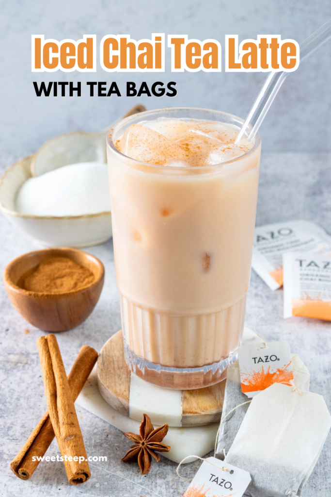 Pinterest pin for iced chai tea latte recipe made with chai tea bags.