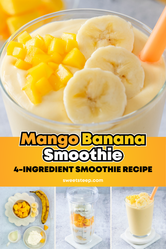 A four-grid image showing the creamy, mango and banana covered top of a smoothie, the ingredients needed to make it, a blender cup with four ingredients in it, and the mango banana smoothie in a glass cup with orange straw.