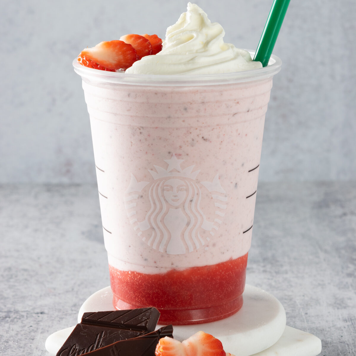 Navigation image for copycat Starbucks recipes, showing a homemade strawberry frappuccino.